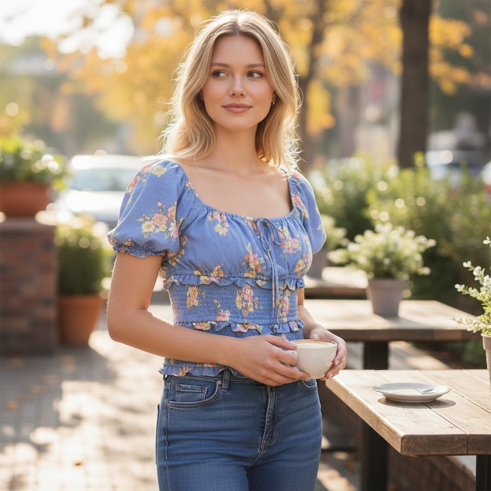 SO Smocked crop Top Floral Off Shoulder Blue Large Cottagecore‎ Milkmaid Girly